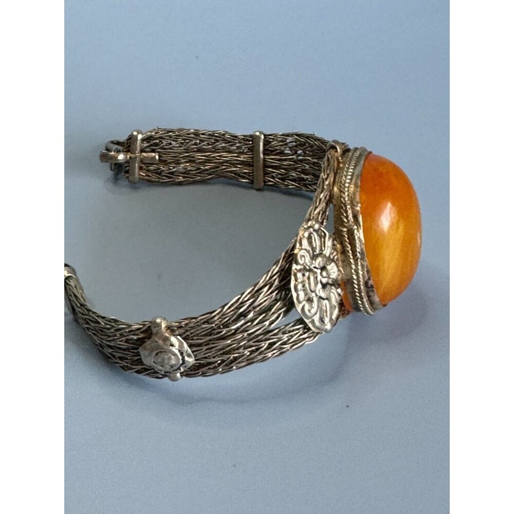 Tibetian Copal Silver Inlay Beeswax Amber Mesh Strand Bracelet - Picture 3 of 8
